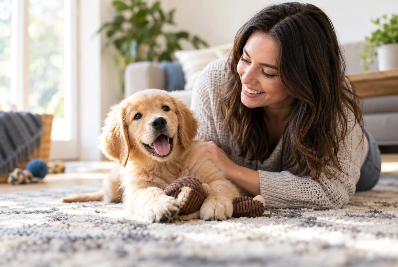 Owner on the floor beside a small golden-colored puppy
