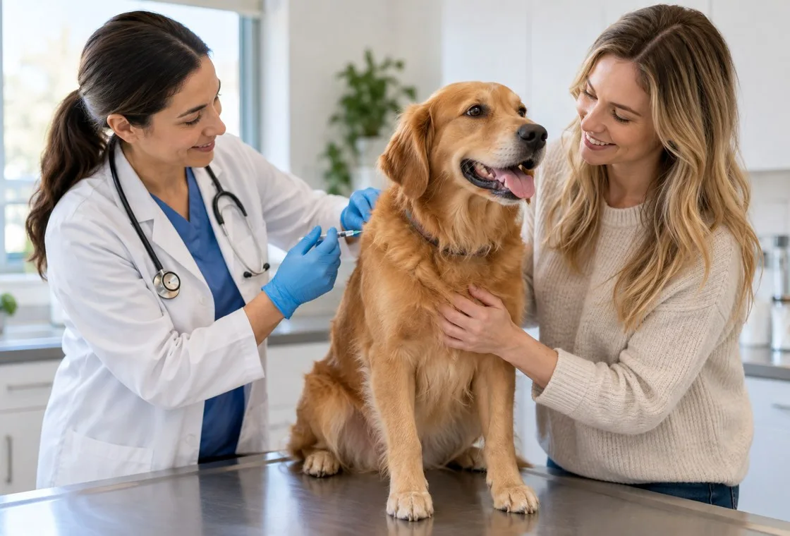 Veterinarian providing preventive care to a dog with its owner present